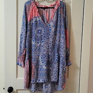 PRINTED flowy mini dress, bohemian v-neck long sleeve high low loose fit Large